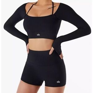 Alo Black Long Sleeve Crop Top and Shorts Set